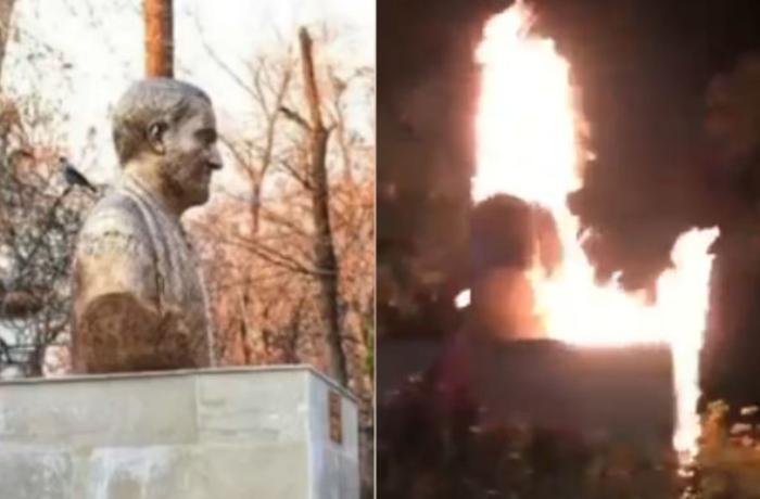 Tehranda Qasım Süleymaninin heykəli yandırıldı — VİDEO 